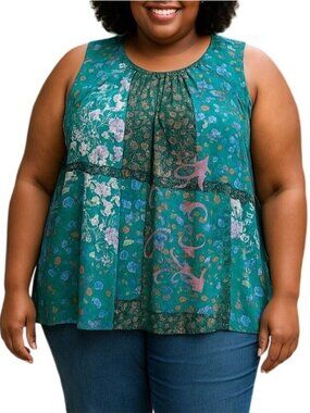 Suzanne Betro Plus Size 4X Top Sleeveless Teal Floral Boho Flowing Lightweight